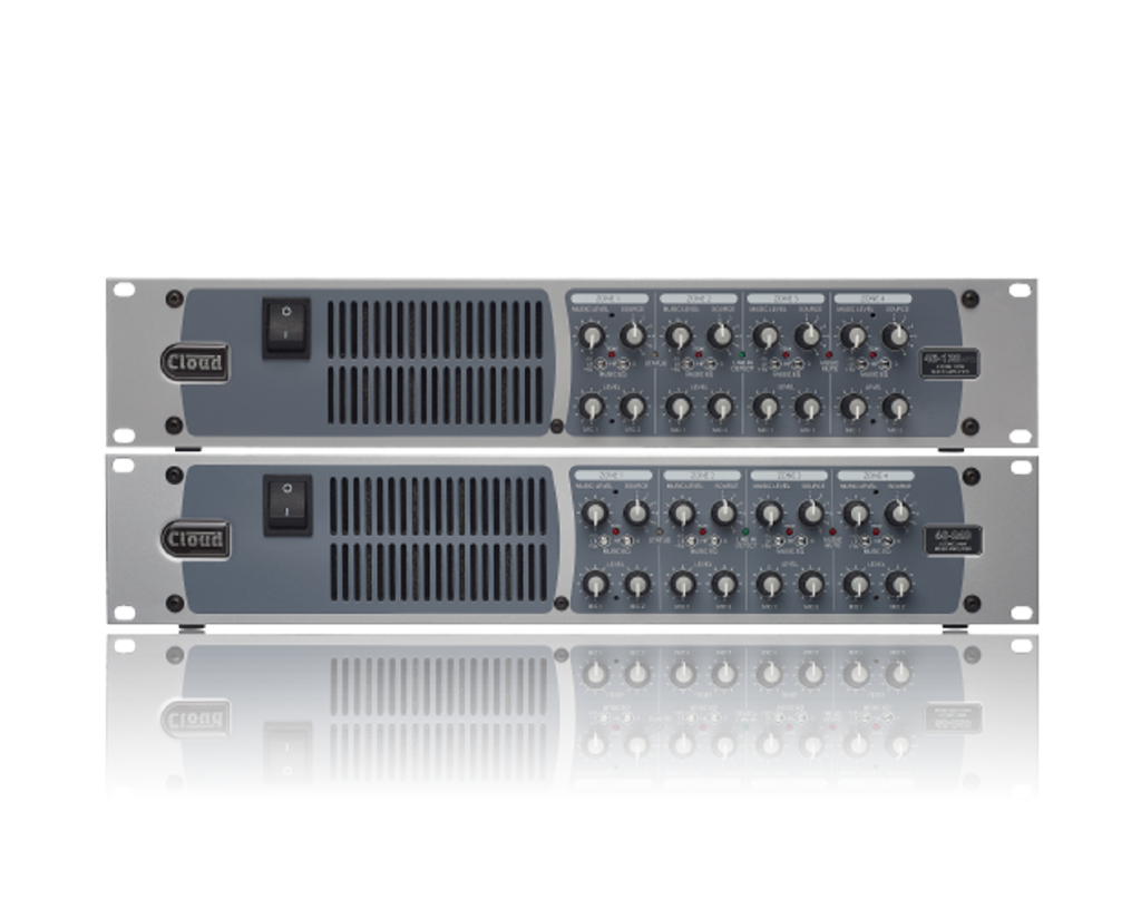 Stacked professional audio equipment featuring multiple controls and switches for sound management