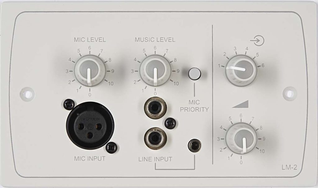 Audio mixer panel with mic and music level knobs, line input and mic priority buttons for sound control adjustments