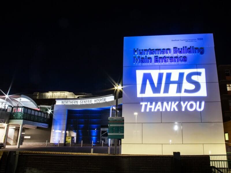 Northern General Hospital entrance with illuminated NHS Thank You message at night