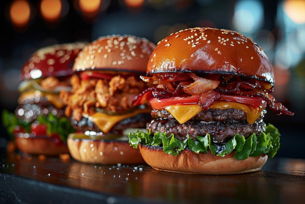 Three gourmet burgers with lettuce, cheese, crispy bacon, and sesame seed buns on a dark wooden table
