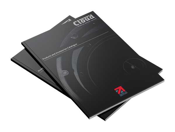 Stack of Cloud Electronics product and accessories catalogues with a sleek, modern black cover design