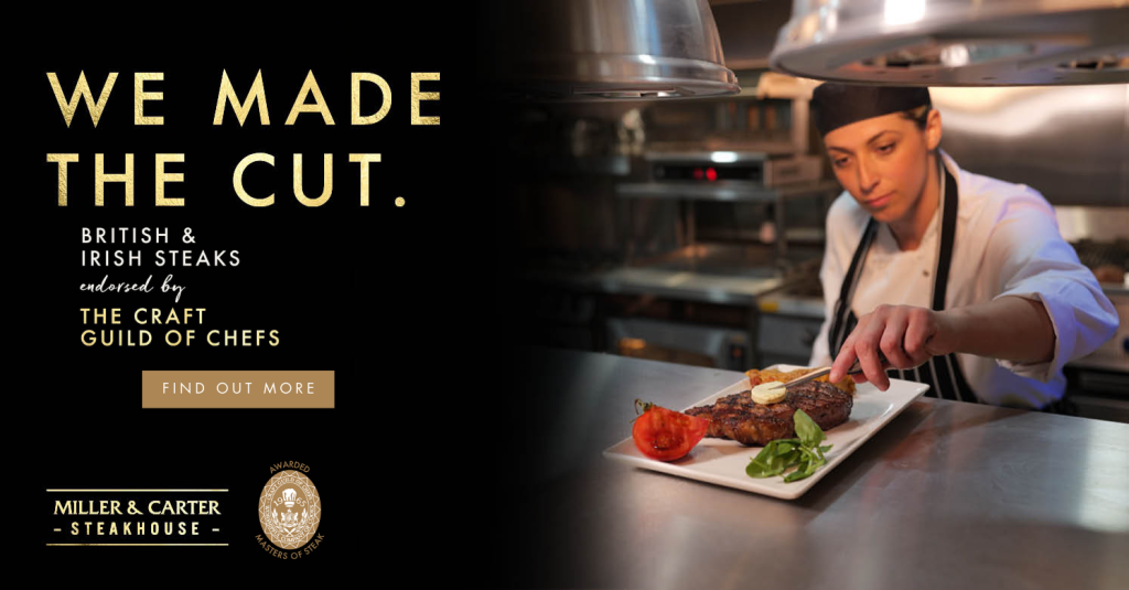 Chef preparing a plate at Miller & Carter Steakhouse, featuring British and Irish steaks endorsed by chefs guild