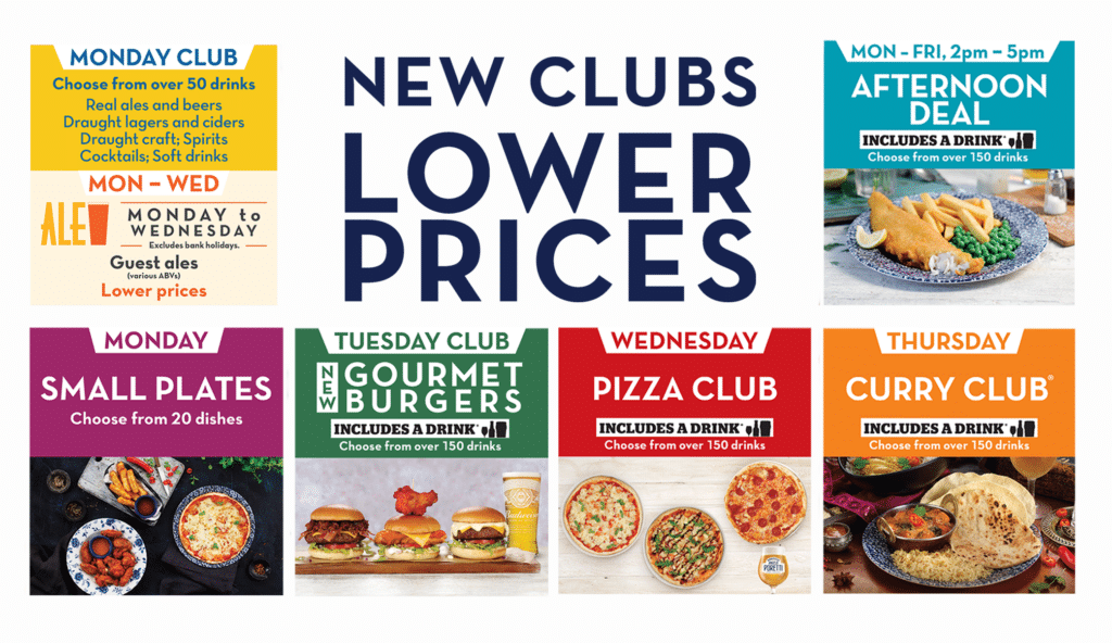 Weekly club offers including small plates, gourmet burgers, pizza, curry, drinks, afternoon deals, lower prices