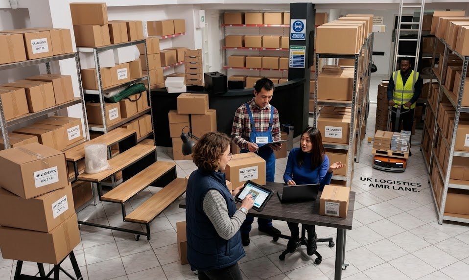 Warehouse team collaborating among stacked boxes in a logistics facility