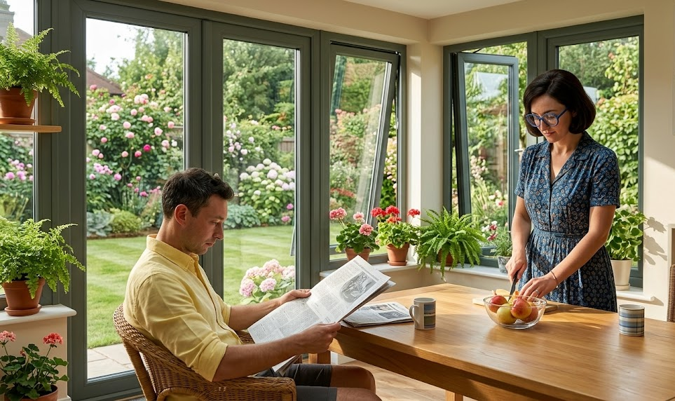 Couple enjoying a sunlit conservatory with garden view, reading and preparing fruit at a wooden table surrounded by plants